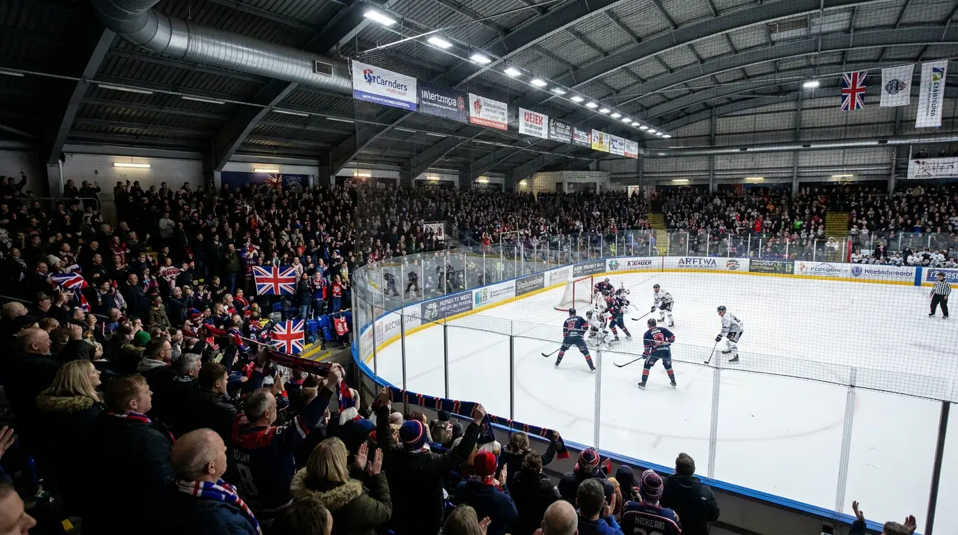 Enthusiastic crowd at an EIHL game in a packed British ice hockey arena