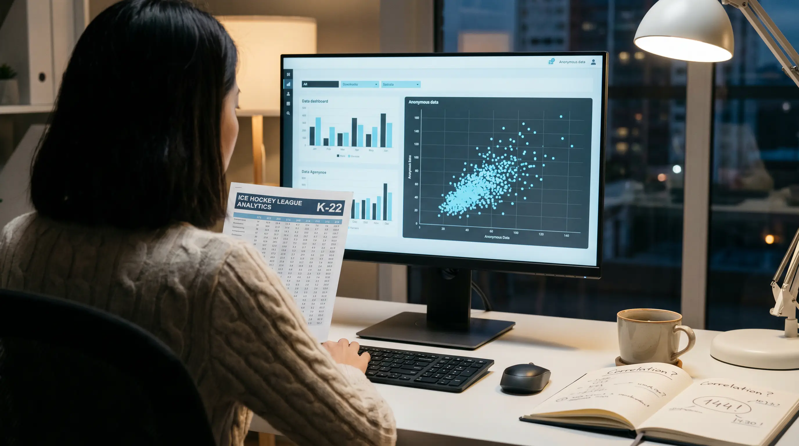 Analyst studying ice hockey statistics and Corsi data on a monitor for betting strategy development