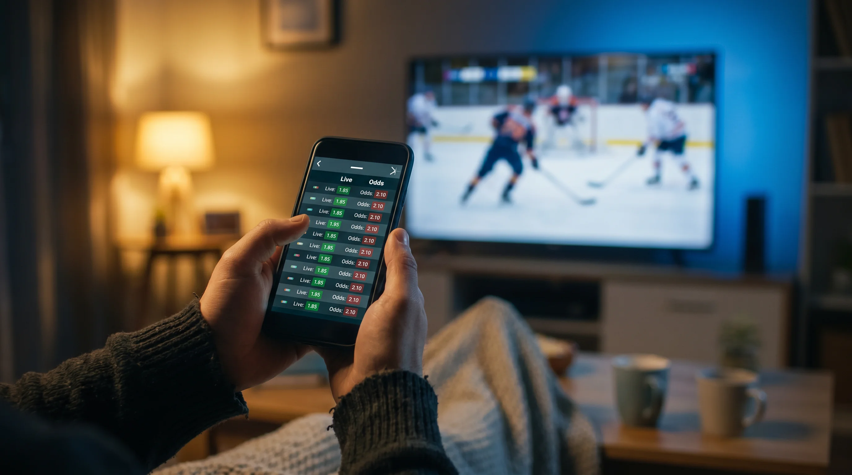 Bettor placing a live ice hockey wager on a mobile phone during a late-night NHL game