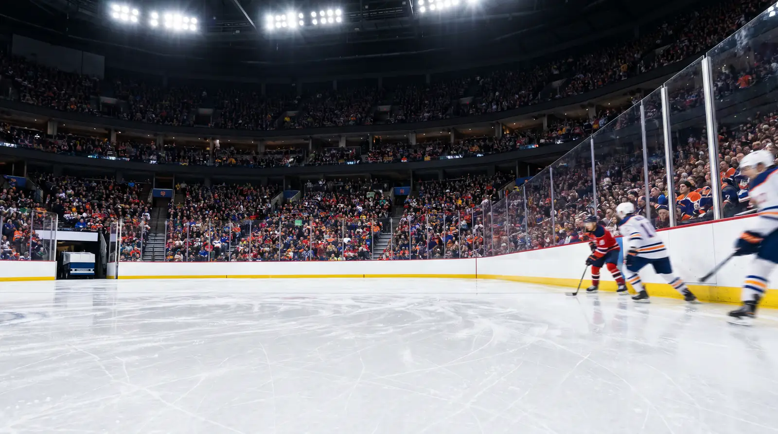 Packed NHL arena during a regular season game with fans filling every seat