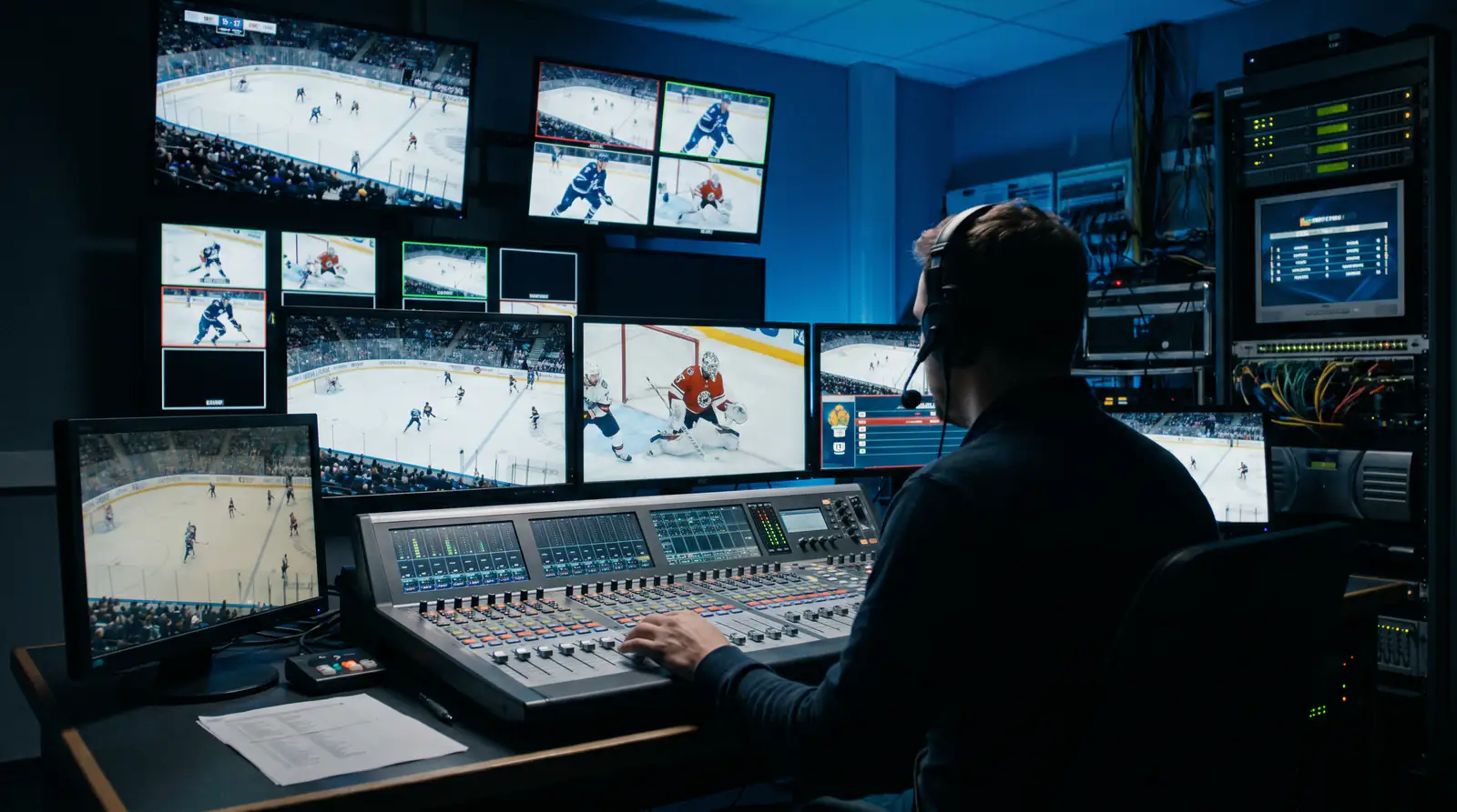 NHL game broadcast setup with multiple camera angles and live statistics overlay